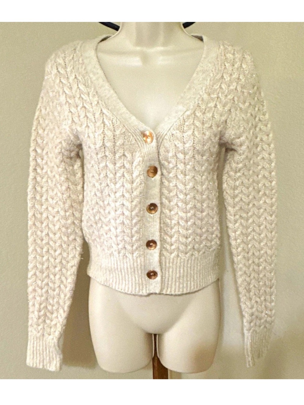Forever 21 Women's White Knit V-Neck Button-Front Cardigan Sweater Size S